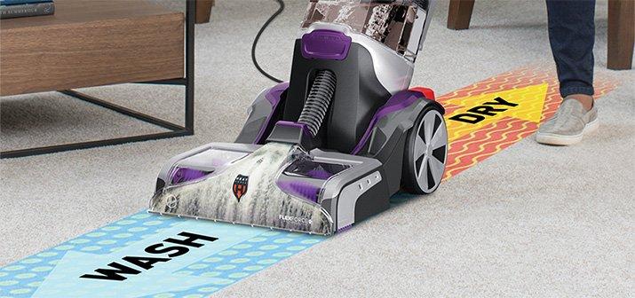 Close up of Hoover smartwash carpet cleaner in action highlighting its automatic wash and dry mode for effortless cleaning