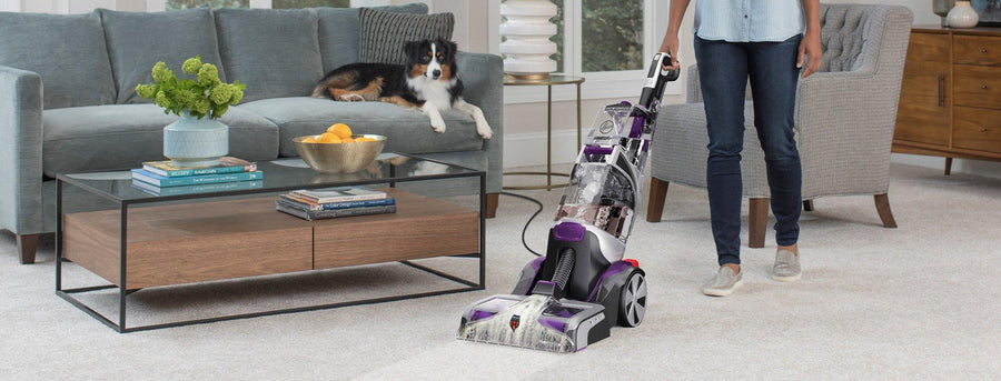 Woman shown using her smartwash pet complete automatic carpet cleaner to clean the pet mess as her dog relaxes on the couch