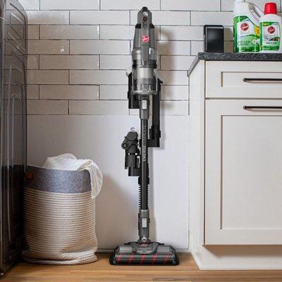 Hoover vacuum cleaner is shown stored on its onepwr tower, perfect for charging and storing at the same time.