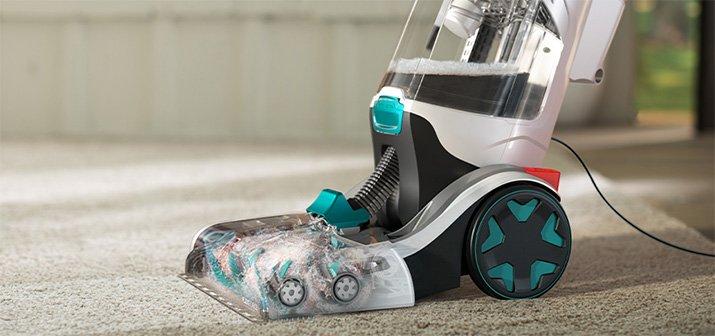 Hoover carpet cleaner is being used, showing powerful suction and deep cleaning capabilities on a carpet.