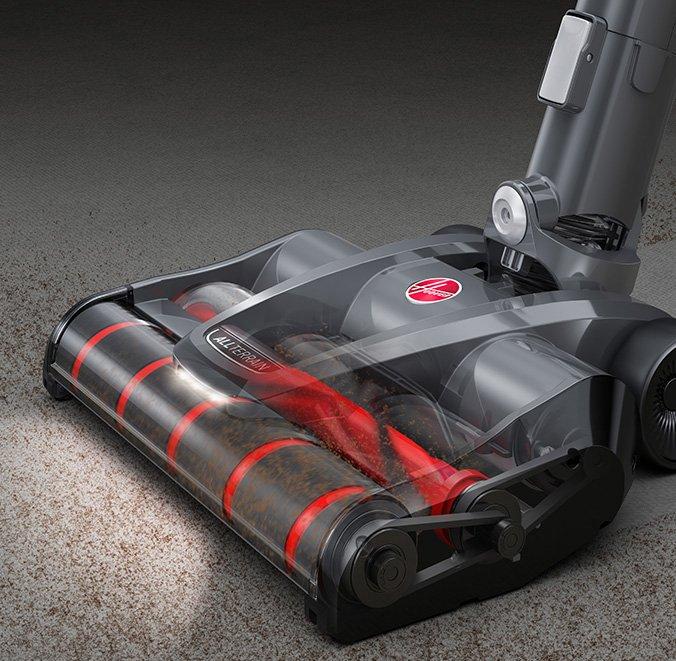 Close up of Hoover emerge vacuum cleaner in action highlighting the dusttracker LED headlights to illuminate the cleaning path, making messes easier to see. 