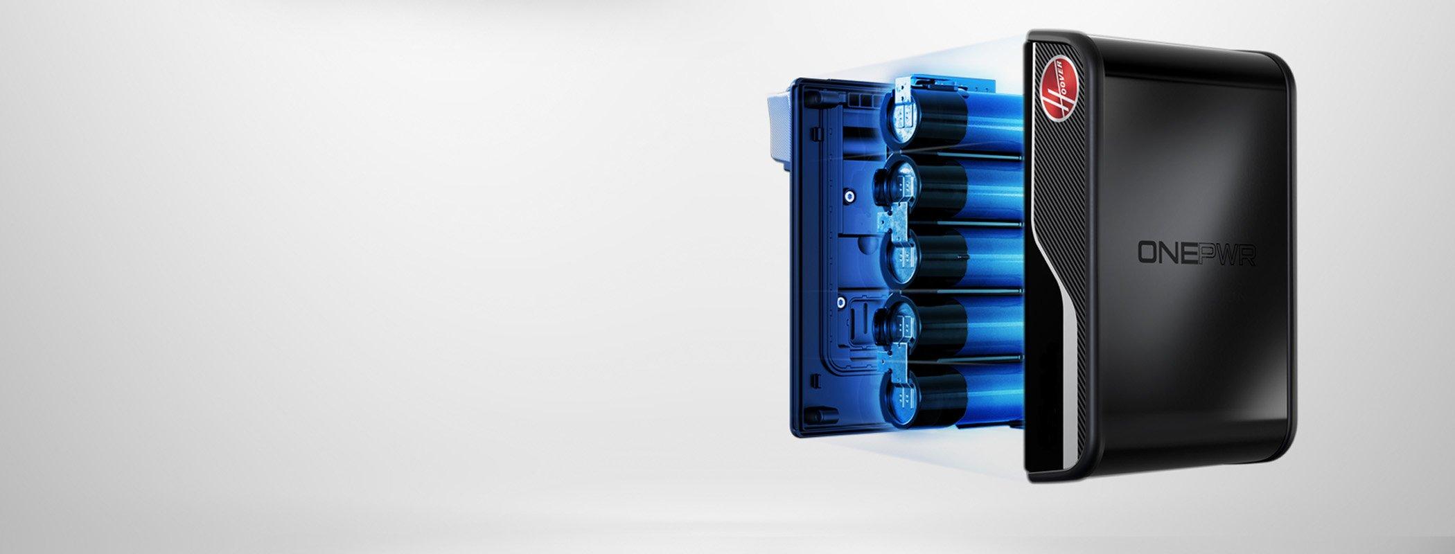 Internal view of the Hoover ONEPWR lithium-ion battery, showcasing its advanced cell structure and efficient power storage design for long-lasting performance in cordless cleaning devices. 