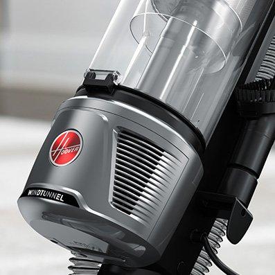 Close up of Hoover vacuum cleaner with Tangleguard sealed system, highlighting advanced filtration and dirt containment 