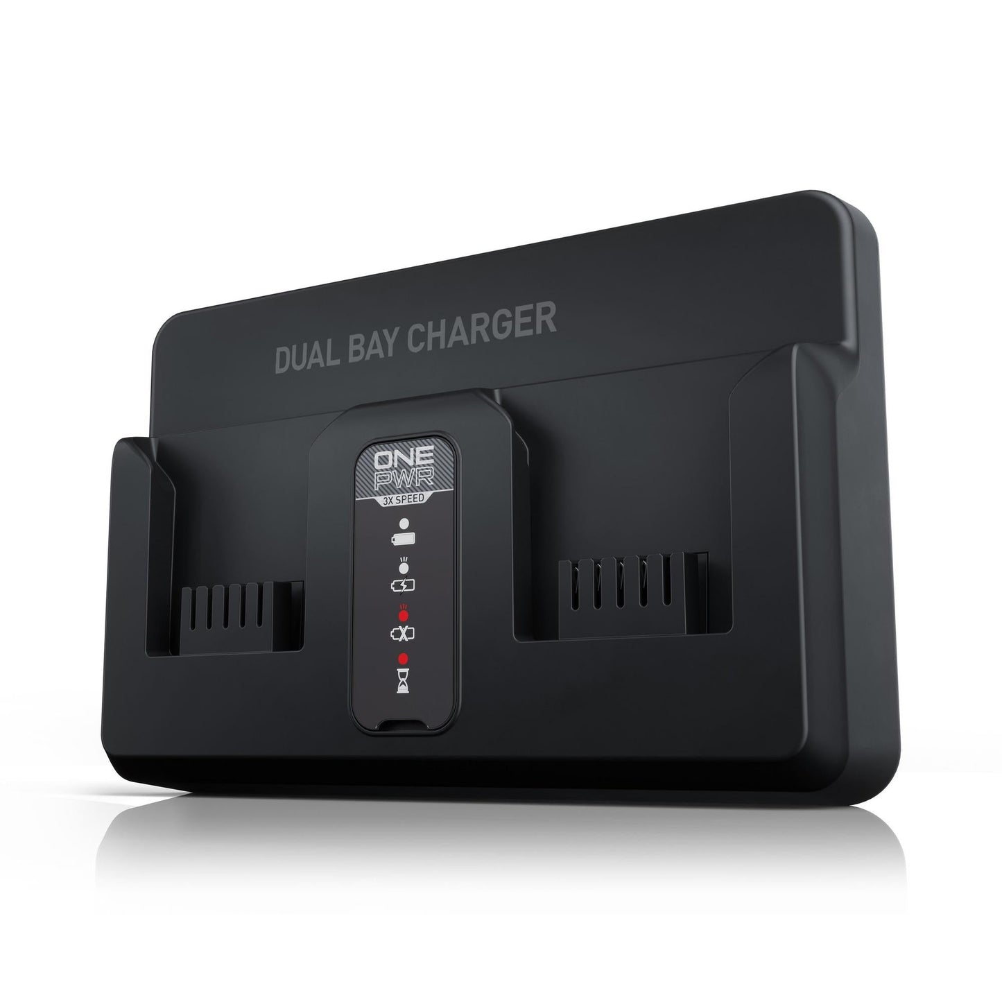 Hoover ONEPWR dual bay charger, designed to simultaneously charge two batteries with LED indicators for easy monitoring and efficient power management.  