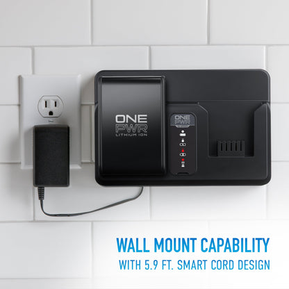 Hoover ONEPWR lithium ion battery charging station mounted on a wall with smart cord design and 5.9 ft. cord, showcasing wall mount capability next to a power outlet.