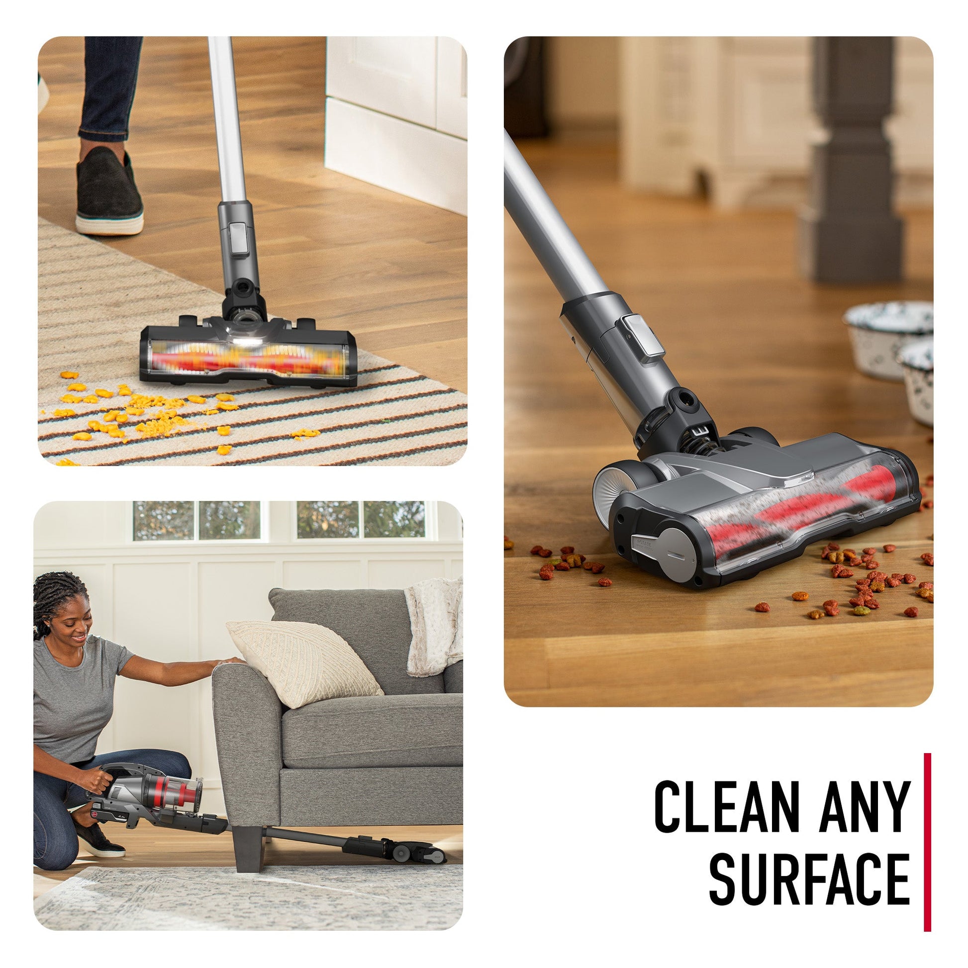 Collage of a Hoover Emerge vacuum cleaner being used on various surfaces, including hardwood floors, carpeted stairs, under furniture and on area rugs. The text reads "clean any surface."