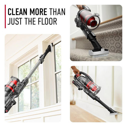 Collage of a Hoover vacuum cleaner being used for various cleaning tasks beyond the floor, including cleaning windowsills, carpeted stairs, and baseboards..