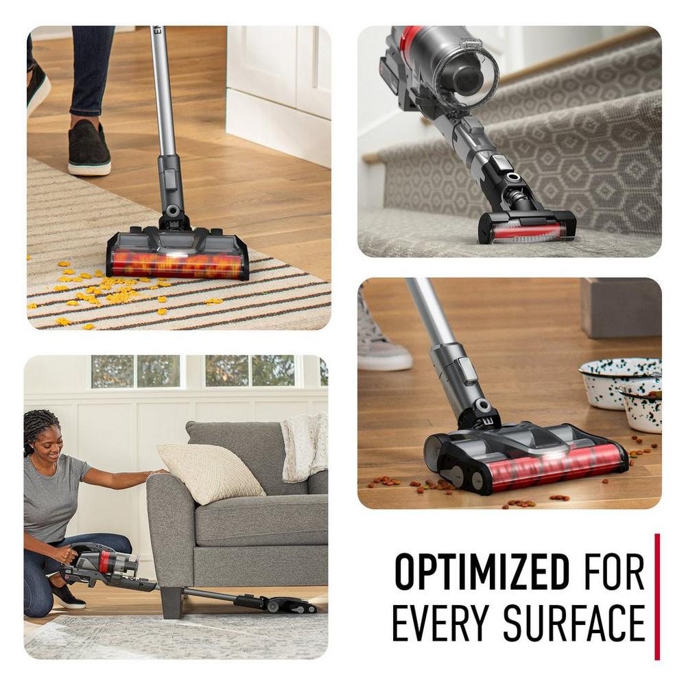 Collage of a Hoover Emerge vacuum cleaner being used on various surfaces, including hardwood floors, carpeted stairs, under furniture and on area rugs.  The text reads "optimized for every surface."