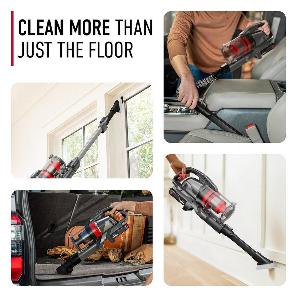 Collage of a Hoover vacuum cleaner being used for various cleaning tasks beyond the floor, including cleaning windowsills, car interiors, and vehicle trunks.  