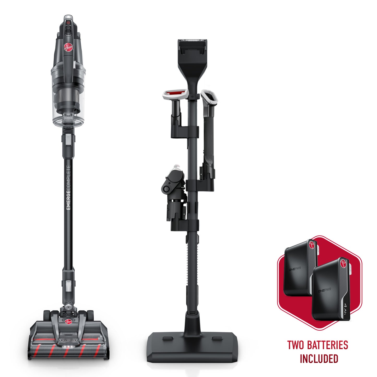 Hoover emerge pet cordless vacuum cleaner with all-terrain dual brush roll nozzle, shown alongside its accessory stand and two included batteries, emphasizing its versatility and extended runtime. 