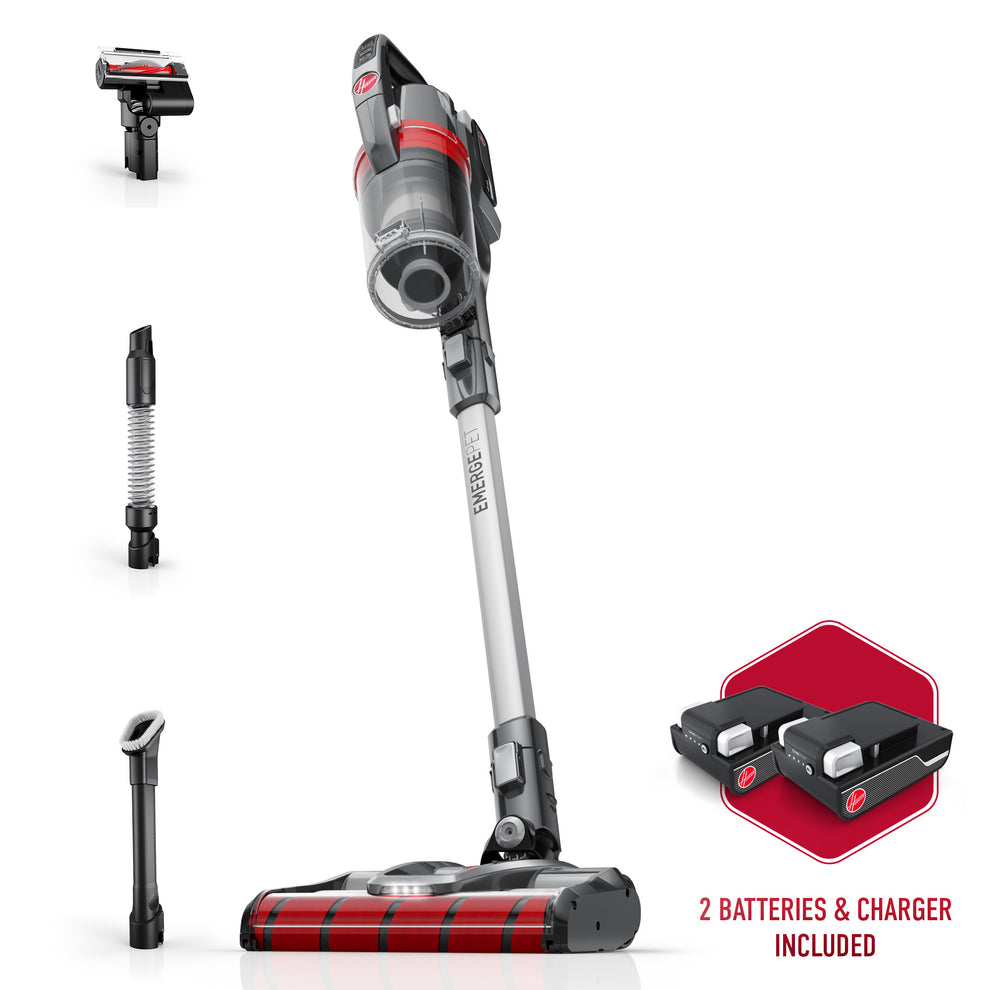 Front facing ONEPWR emerge pet with all terrain dual brush roll nozzle pictured next to its included attachments: 2 in 1 tool, motorized pet tool, powered extension hose, 2 batteries and charger.