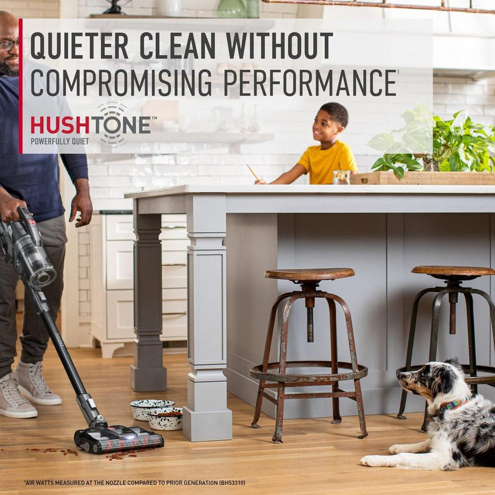 Hoover emerge pet vacuum cleaner in a kitchen setting, highlighting its Hushtone technology for a quieter clean without compromising performance. 