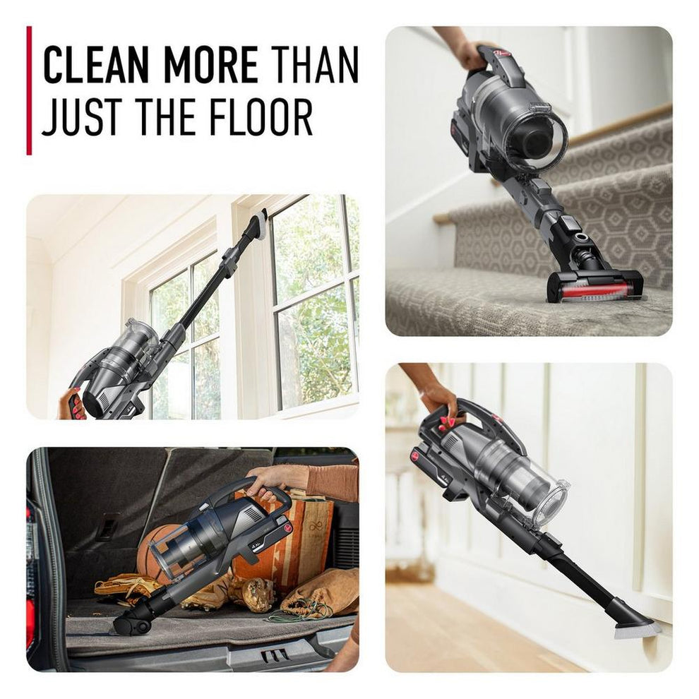 Collage of a Hoover vacuum cleaner being used for various cleaning tasks beyond the floor, including cleaning windowsills, car interiors, and vehicle trunks.