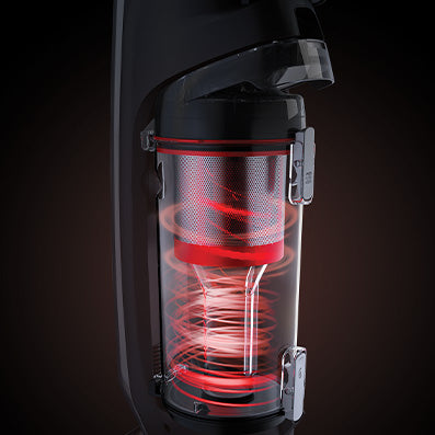 Close up of Hoover evolve pet elite vacuum cleaner's advanced filtration system which helps eliminate odor, reduce allergens and increase the lifespan of your vacuum cleaner 