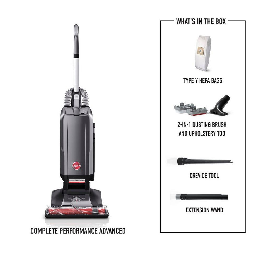 Front facing Hoover complete performance advanced vacuum shown next to what's included in the box: type y hepa bags, 2-in-1 dusting brush and upholstery tool, crevice tool, and extension wand.  