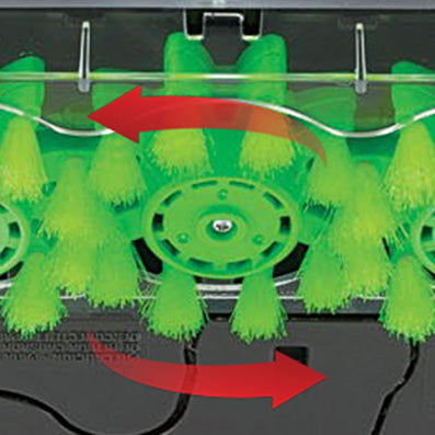 Close up of the spinscrub brush bristles highlighting its patented 360 degree counter- rotating brushes to scrub carpets at all angles 