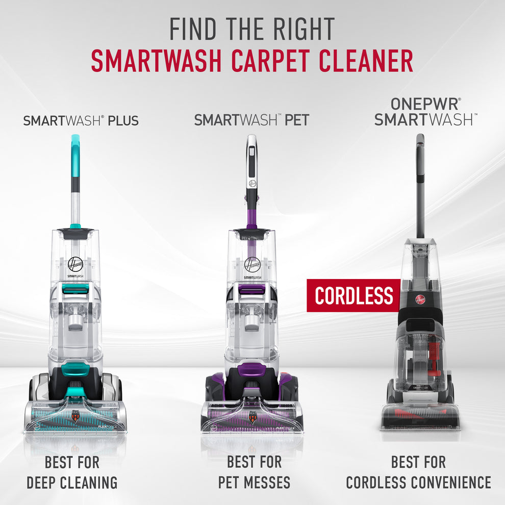 Comparison image of three smartwash carpet cleaners: Smartwash plus, Smartwash Pet, and ONEPWR Smartwash.  The smartwash plus is best for deep cleaning, the smartwash pet is ideal for cleaning pet messes, and the ONEPWR smartwash offers cordless convenience.