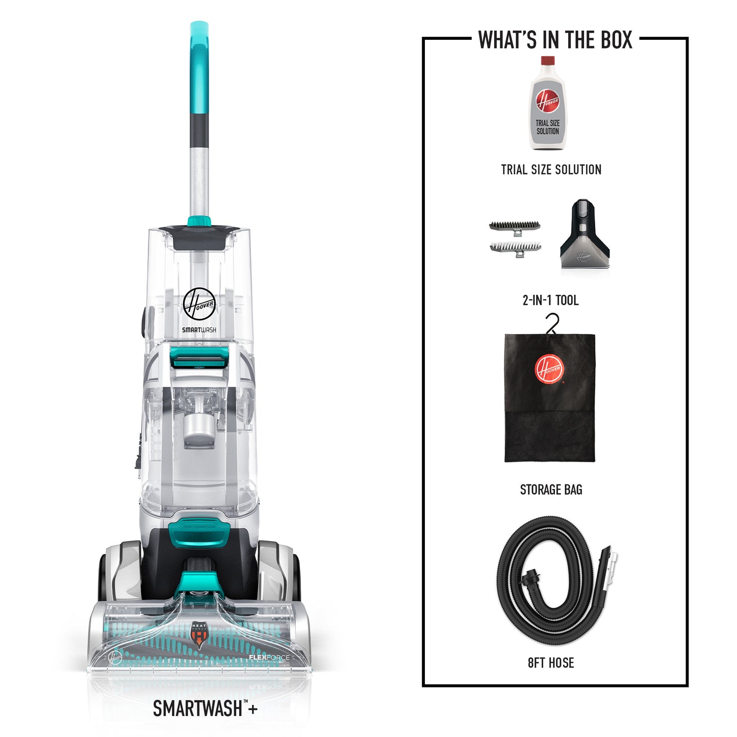 Front facing Hoover Smartwash+ automatic carpet cleaner shown with included 4 inch 2-in-1 Tool, 8 foot hose, trial sized solution and storage bag.