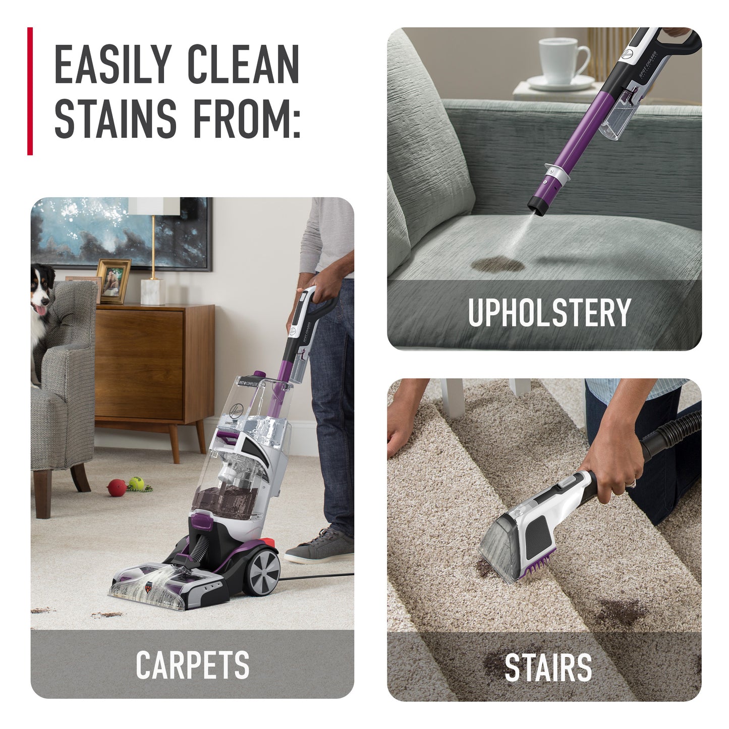 Hoover smartwash pet complete automatic carpet cleaner easily cleans stains from carpets, upholstery and stairs.