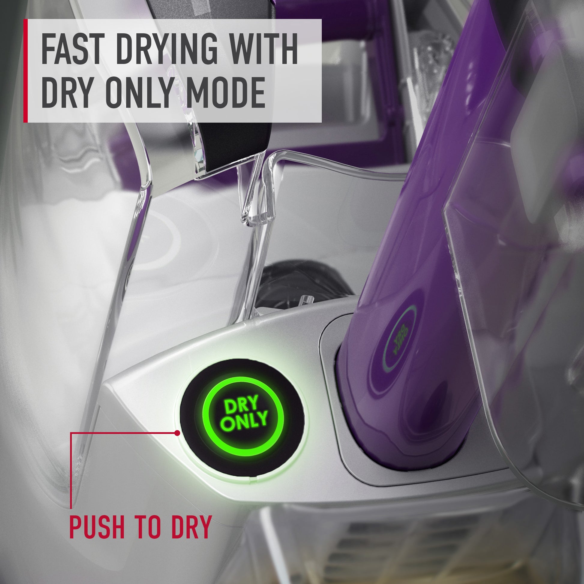 Close up of Hoover Smartwash pet automatic carpet cleaner displaying the dry only button allowing for faster drying