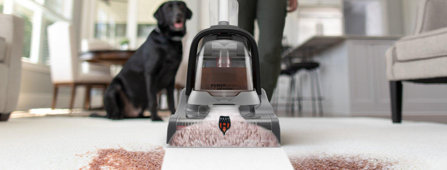 Close up of powerdash pet advanced efficiently cleaning a large stubborn stain out of a white carpet showcasing its powerful suction