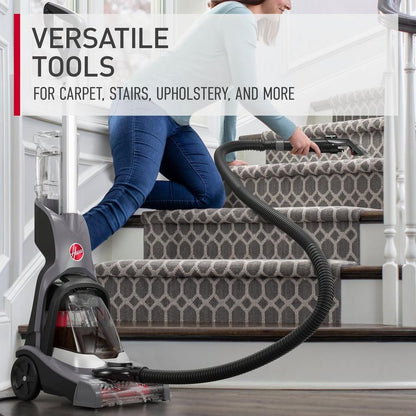 Woman spot cleaning her stairs highlighting the benefit of the versatile tools included with the powerdash pet advanced that can be used on carpet, stairs, upholstery and more