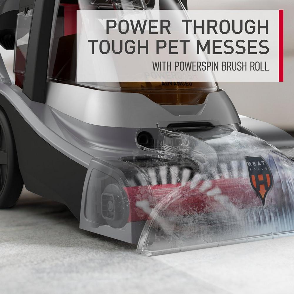 Close up of Hoover powerdash pet advanced carpet cleaner powerspin brush roll showcasing how it powers through tough pet messes