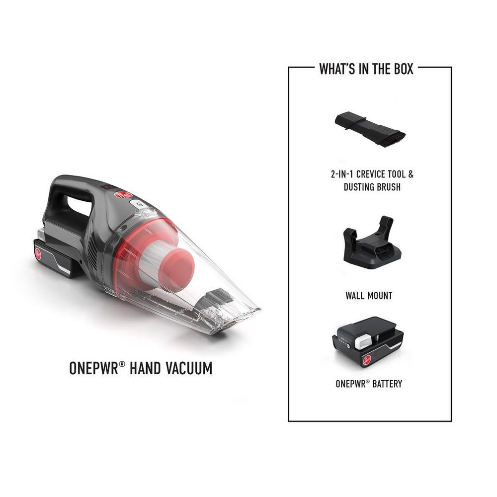 ONEPWR hand vacuum being shown on a white background next to what's included in the box which is the 2-in-1 crevice tool and dusting brush, wall mount, and ONEPWR battery.