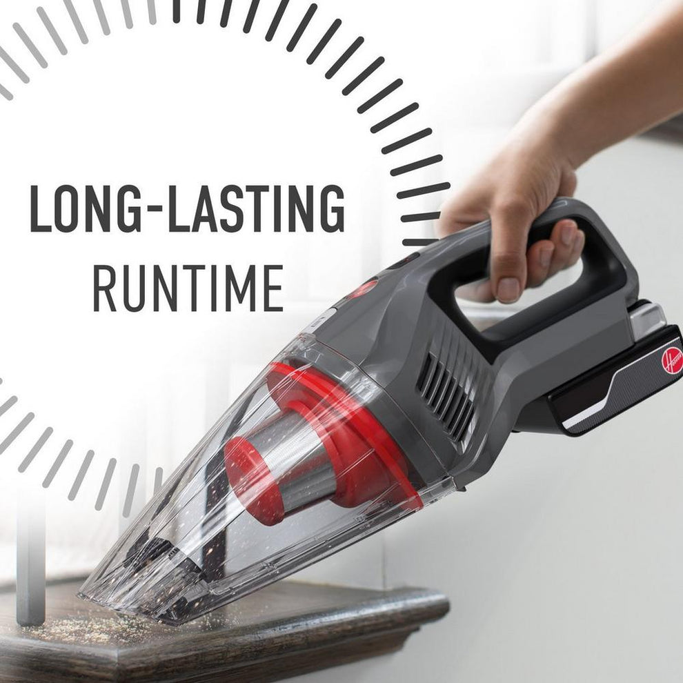 Hoover handheld vacuum, with long-lasting runtime, is being used to vacuum crumbs.