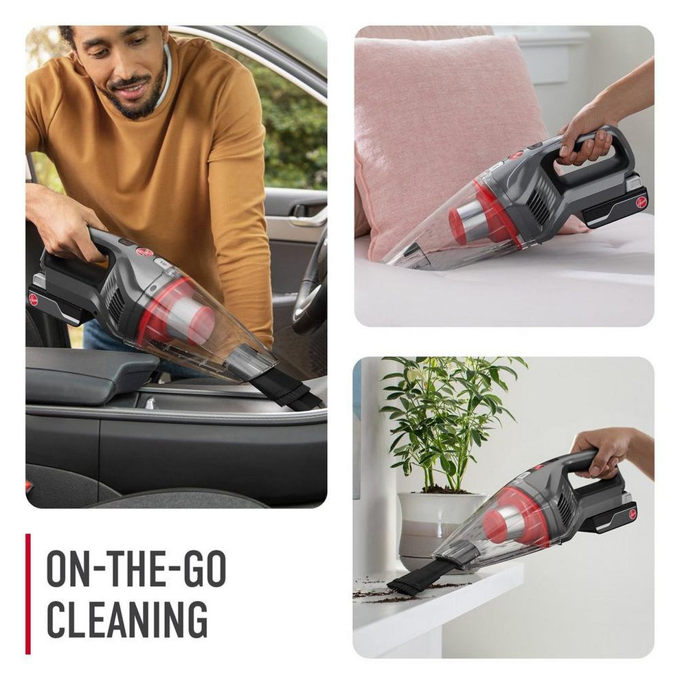 Collage of Hoover handheld vacuums highlighting its on-the-go cleaning as its used to clean a car interior, couch upholstery and vacuum spilled soil on a white shelf.