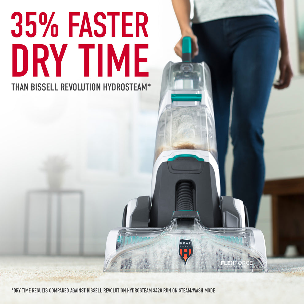 Hoover Smartwash+ automatic carpet cleaner in action showcasing its HeatForce technology for 35% faster dry time than Bissell Revolution Hydrosteam.