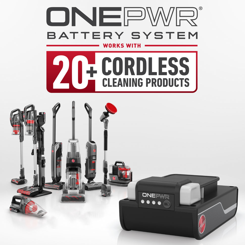 A display of Hoover's ONEPWR battery system alongside various cordless cleaning products it powers.  The text reads "ONEPWR" battery system works with 20+ cordless cleaning products," highlighting the versatility and convenience of the interchangeable battery system.