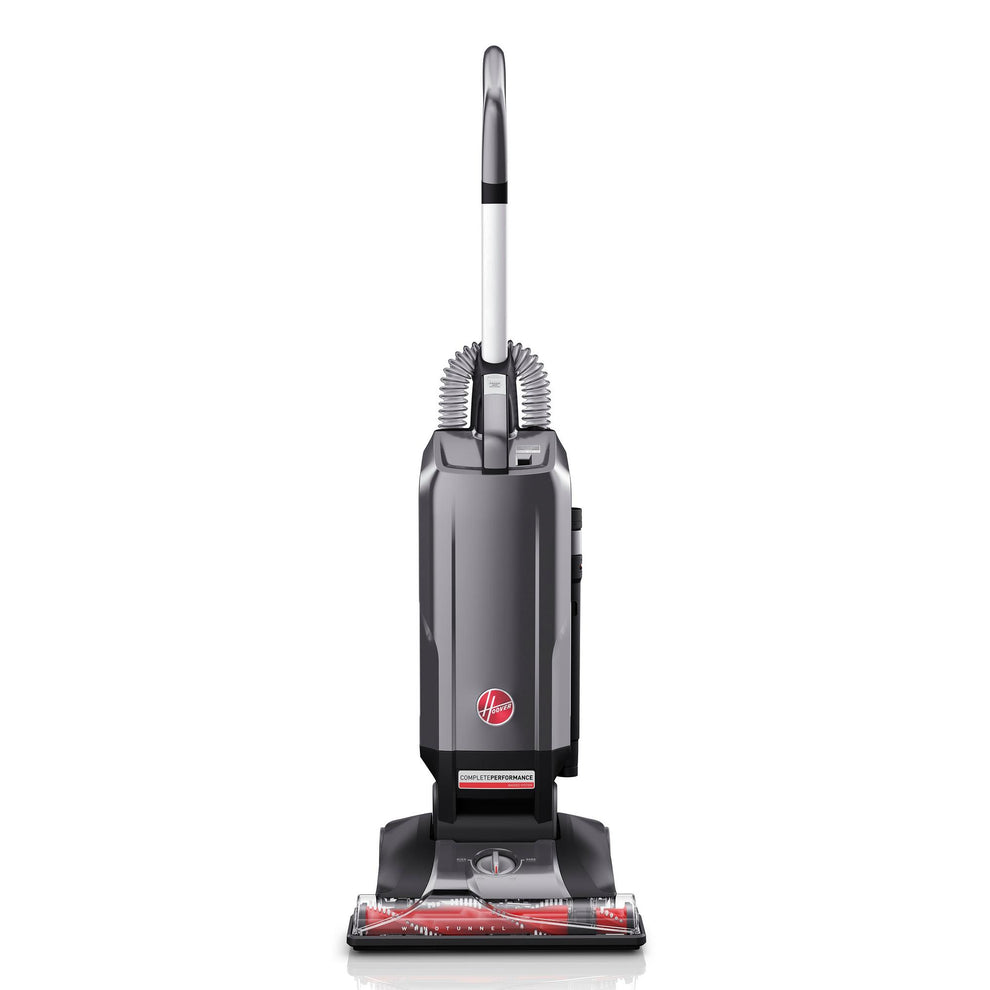 Front facing Hoover complete advanced bagged upright vacuum showcasing its sleek, modern design.