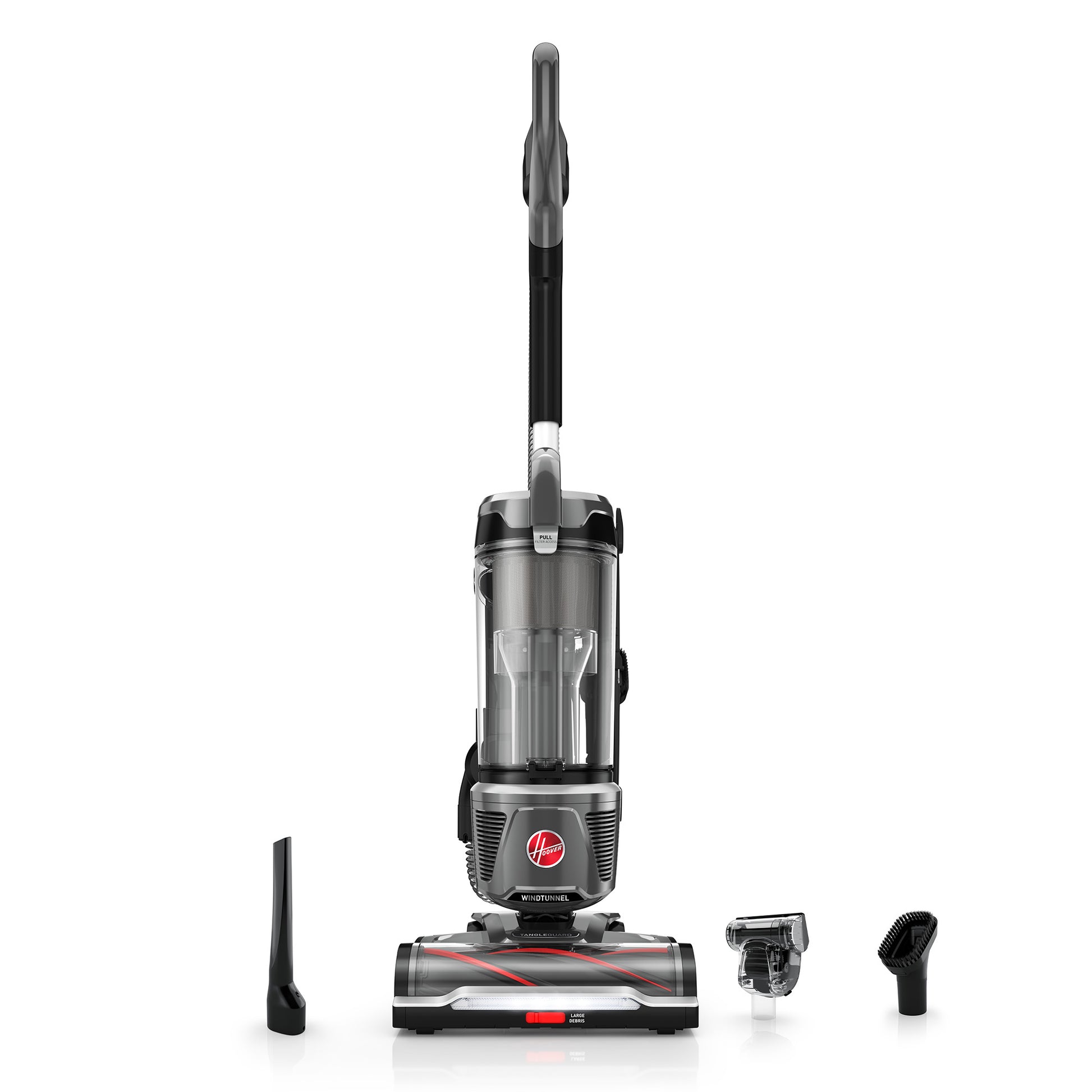 Windtunnel Tangle guard Hoover upright vacuum cleaner with attachments including crevice tool, pet hair tool and dusting brush, displayed on a white background.