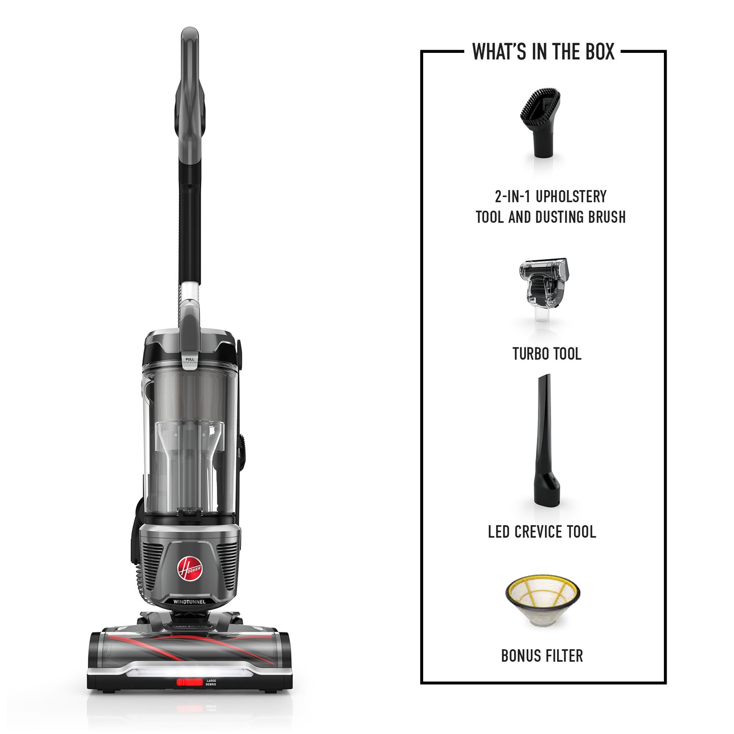 Hoover vacuum cleaner displayed next to what's included in the box: 2 in 1 upholstery tool and dusting brush, turbo tool, led crevice tool, and bonus filter.  