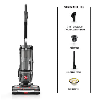 Hoover vacuum cleaner displayed next to what's included in the box: 2 in 1 upholstery tool and dusting brush, turbo tool, led crevice tool, and bonus filter.  