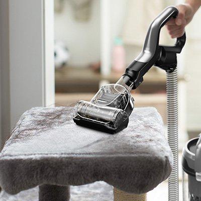 Person using Hoover vacuum cleaner with turbotool attachment to clean a plush carpeted surface