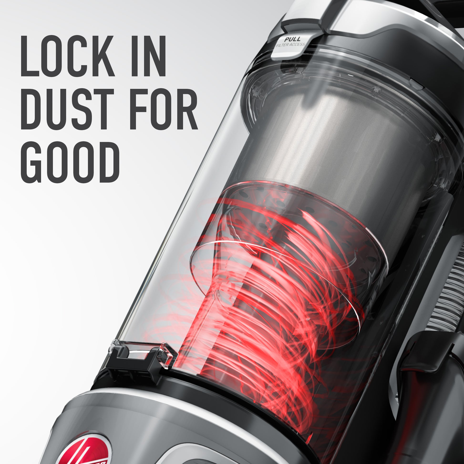 Close up of the dust container on a Hoover vacuum cleaner with red cyclone technology in action showcasing how effective it is in locking in dust for good