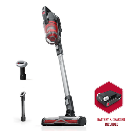 Front facing ONEPWR Emerge pet with all terrain dual brush roll nozzle pictured next to the included attachments: 2 in 1 tool, motorized pet tool, powered extension hose, 